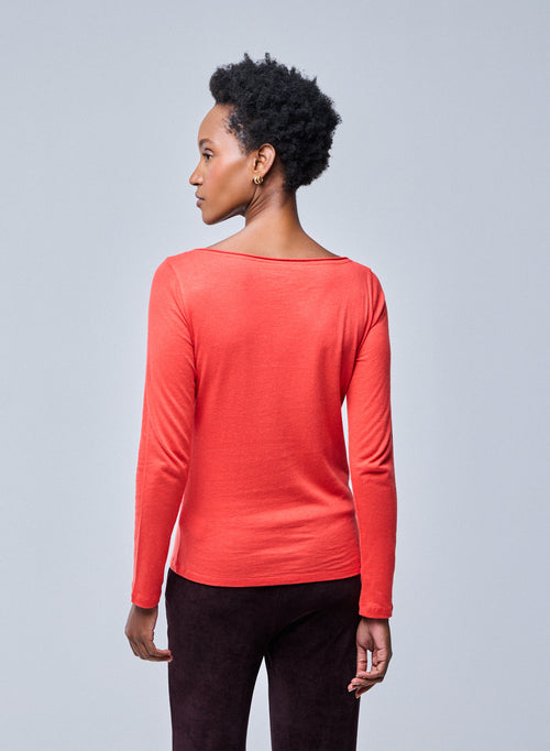 Orange T-shirt with long sleeve boat neck in organic cotton / cashmere - MAJESTIC FILATURES