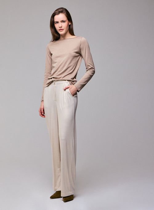 Beige T-shirt with long sleeves boat neck in organic cotton / cashmere - MAJESTIC FILATURES