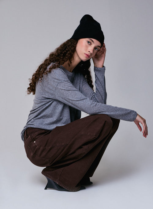 Grey Boat Neck Long Sleeves T-Shirt in Cotton and Cashmere - MAJESTIC FILATURES