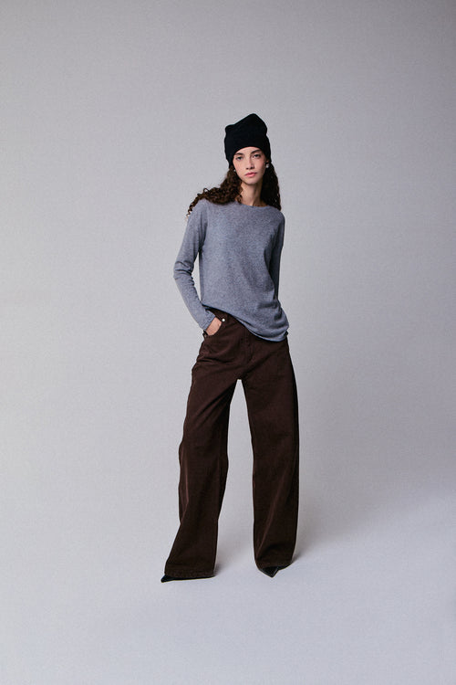 Grey Boat Neck Long Sleeves T-Shirt in Cotton and Cashmere - MAJESTIC FILATURES