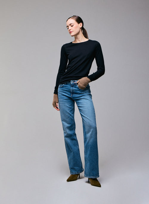Black Round Neck Long Sleeves T-shirt in Cotton and Cashmere - MAJESTIC FILATURES