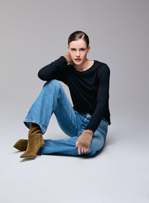 T-shirt Noir Col Rond Manches Longues en Coton et Cachemire - MAJESTIC FILATURES