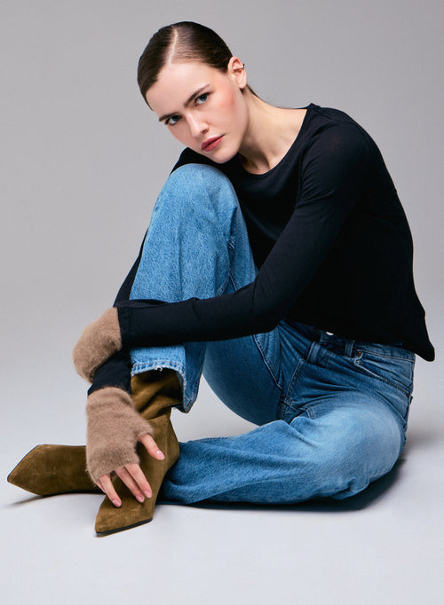 Black Round Neck Long Sleeves T-shirt in Cotton and Cashmere - MAJESTIC FILATURES