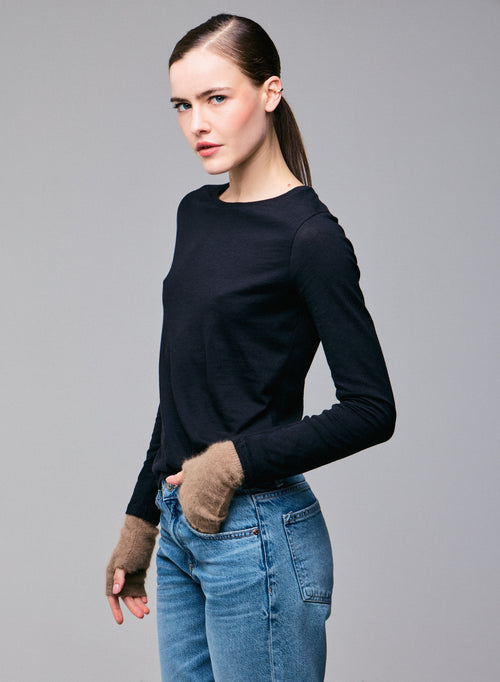 Black Round Neck Long Sleeves T-shirt in Cotton and Cashmere - MAJESTIC FILATURES