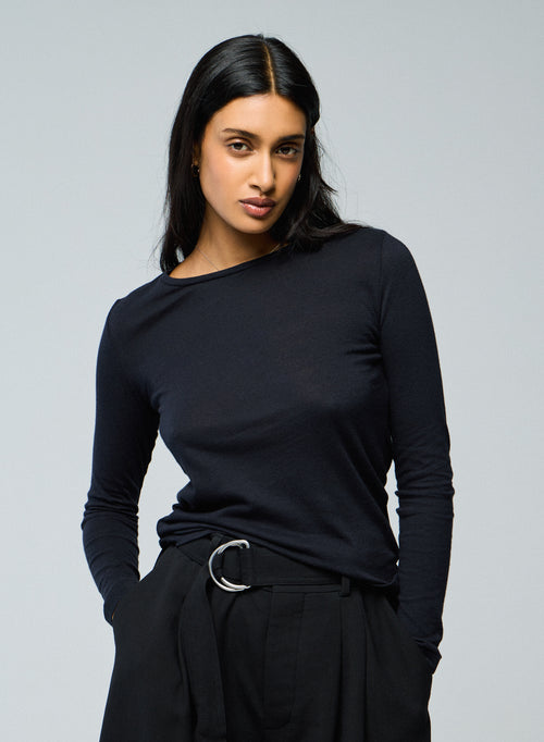 T-shirt Marine Col Rond Manches Longues en Coton et Cachemire - MAJESTIC FILATURES