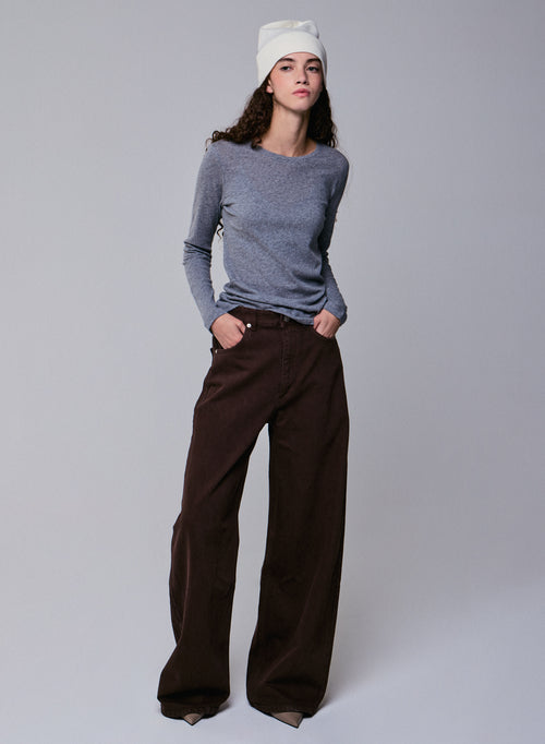 Grey Round Neck Long Sleeves T-shirt in Organic Cotton / Cashmere - MAJESTIC FILATURES