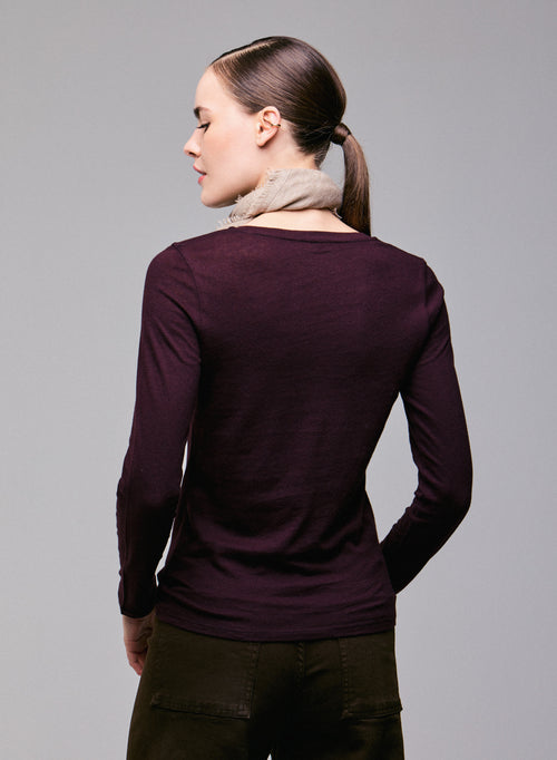 T-shirt Aubergine Col Rond Manches Longues en Coton Organique et Cachemire - MAJESTIC FILATURES