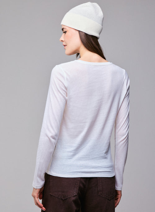 T-shirt Blanc Col Rond Manches Longues en Coton Organique et Cachemire - MAJESTIC FILATURES