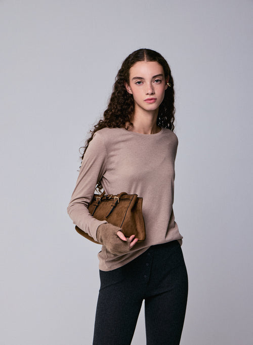 T-shirt Beige Col Rond Manches Longues en Coton Organique et Cachemire - MAJESTIC FILATURES