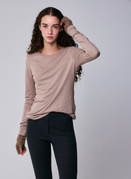 T-shirt Beige Col Rond Manches Longues en Coton Organique et Cachemire - MAJESTIC FILATURES