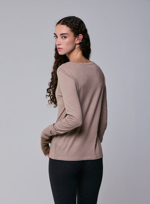 T-shirt Beige Col Rond Manches Longues en Coton Organique et Cachemire - MAJESTIC FILATURES