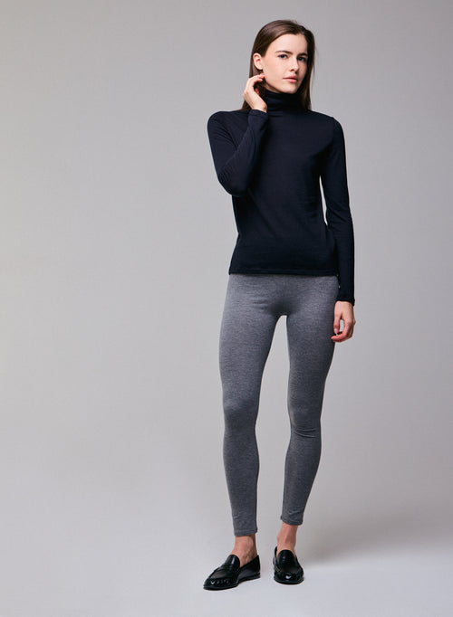 Navy blue Turtleneck Long Sleeves T-Shirt in Organic Cotton and Cashmere - MAJESTIC FILATURES