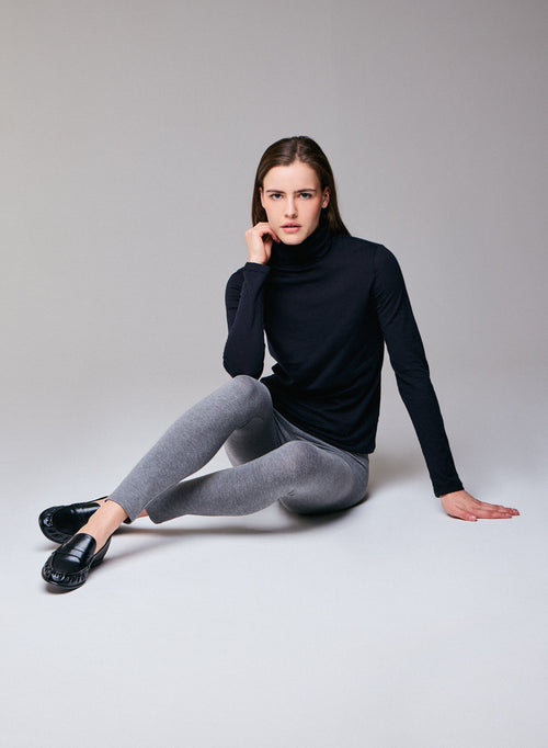 Navy blue Turtleneck Long Sleeves T-Shirt in Organic Cotton and Cashmere - MAJESTIC FILATURES