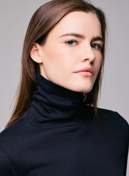 Navy blue Turtleneck Long Sleeves T-Shirt in Organic Cotton and Cashmere - MAJESTIC FILATURES