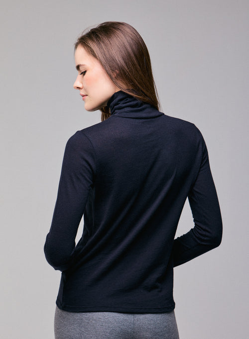 Navy blue Turtleneck Long Sleeves T-Shirt in Organic Cotton and Cashmere - MAJESTIC FILATURES