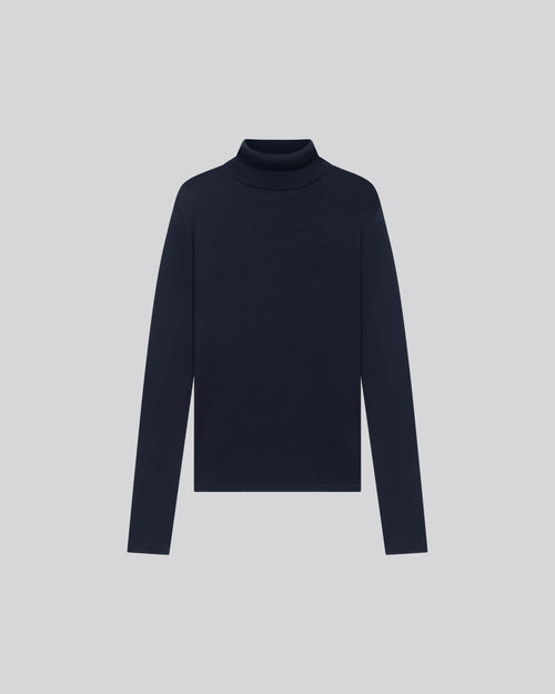 Navy blue Turtleneck Long Sleeves T-Shirt in Organic Cotton and Cashmere - MAJESTIC FILATURES