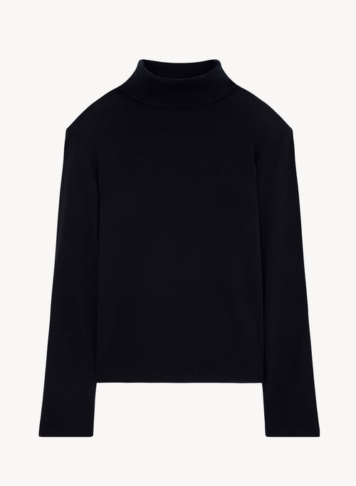 Navy blue Turtleneck Long Sleeves T-Shirt in Organic Cotton and Cashmere - MAJESTIC FILATURES