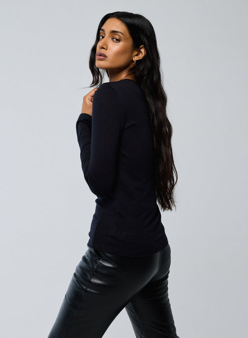 T-Shirt mit rundem Halsausschnitt und langen Ärmeln aus Baumwolle / Kaschmir - MAJESTIC FILATURES