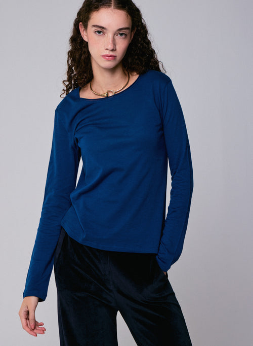 T-shirt Bleu Col Rond Manches Longues en Coton et Cachemire - MAJESTIC FILATURES