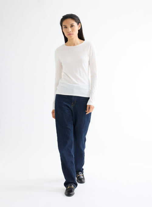 Milk White Round Neck Long Sleeve Cotton and Cashmere T-shirt - MAJESTIC FILATURES