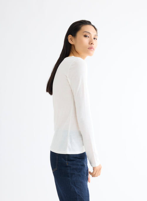 Milk White Round Neck Long Sleeve Cotton and Cashmere T-shirt - MAJESTIC FILATURES