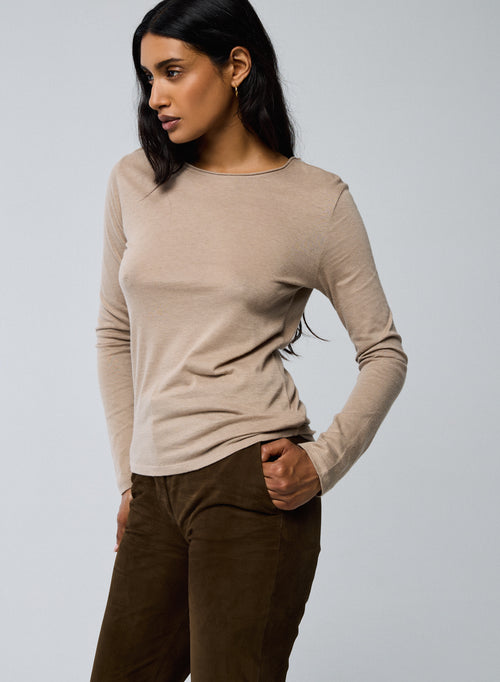 T-shirt Beige Col Rond Manches Longues en Coton et Cachemire - MAJESTIC FILATURES