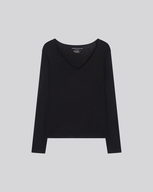 Black V-Neck Long Sleeves T-shirt in Cotton and Cashmere - MAJESTIC FILATURES