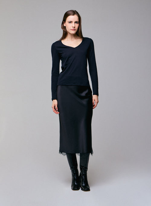 Navy blue V-neck Long sleeves T-shirt in Cotton and Cashmere - MAJESTIC FILATURES