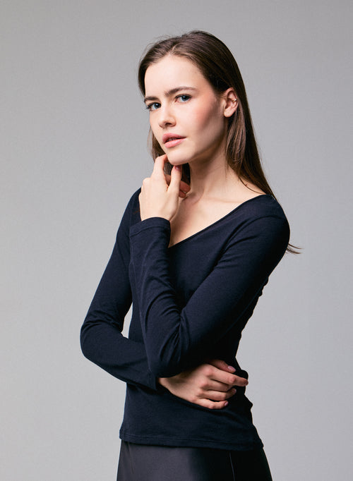 Navy blue V-neck Long sleeves T-shirt in Cotton and Cashmere - MAJESTIC FILATURES