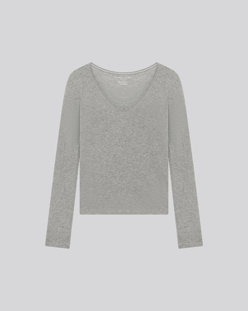 Heather Grey V-Neck Long Sleeves T-shirt in Cotton and Cashmere  - MAJESTIC FILATURES
