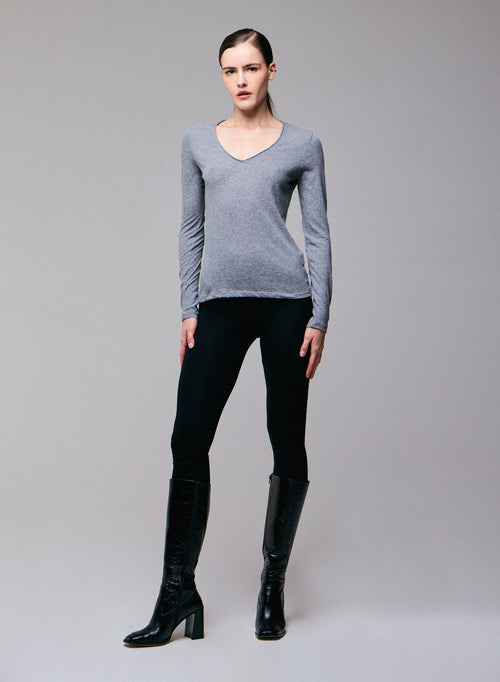 Heather Grey V-Neck Long Sleeves T-shirt in Cotton and Cashmere  - MAJESTIC FILATURES