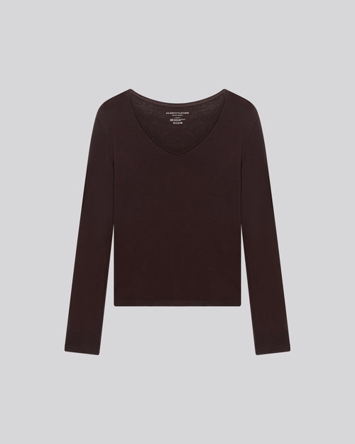 T-shirt Violet Col V Manches Longues en Coton et Cachemire - MAJESTIC FILATURES