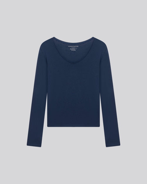 Blue V-neck Long Sleeves T-shirt in Cotton and Cashmere - MAJESTIC FILATURES