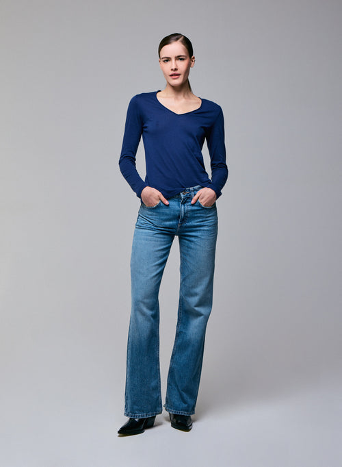 Blue V-neck Long Sleeves T-shirt in Cotton and Cashmere - MAJESTIC FILATURES