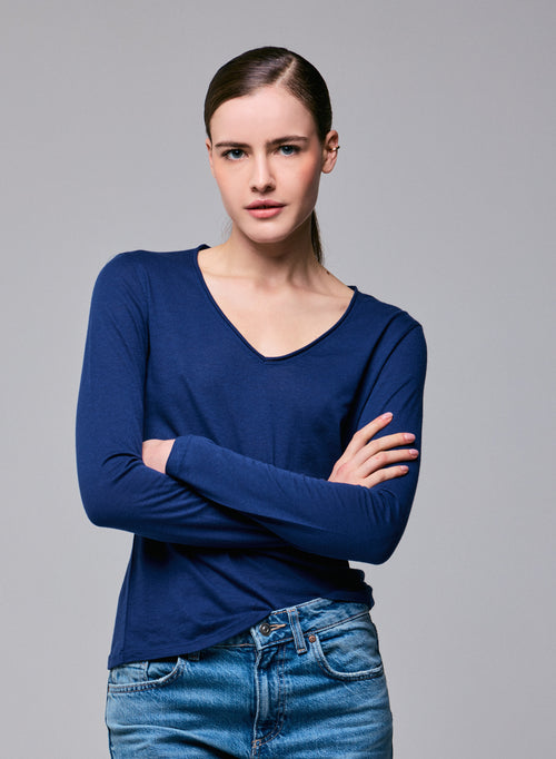 Blue V-neck Long Sleeves T-shirt in Cotton and Cashmere - MAJESTIC FILATURES
