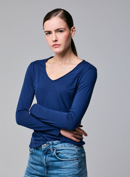 Blue V-neck Long Sleeves T-shirt in Cotton and Cashmere - MAJESTIC FILATURES