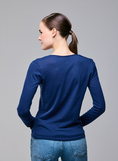 Blue V-neck Long Sleeves T-shirt in Cotton and Cashmere - MAJESTIC FILATURES