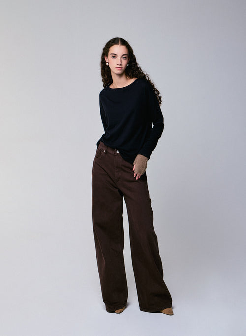 Schwarzes Langarm-T-Shirt mit U-Boot-Ausschnitt aus Baumwolle / Kaschmir - MAJESTIC FILATURES