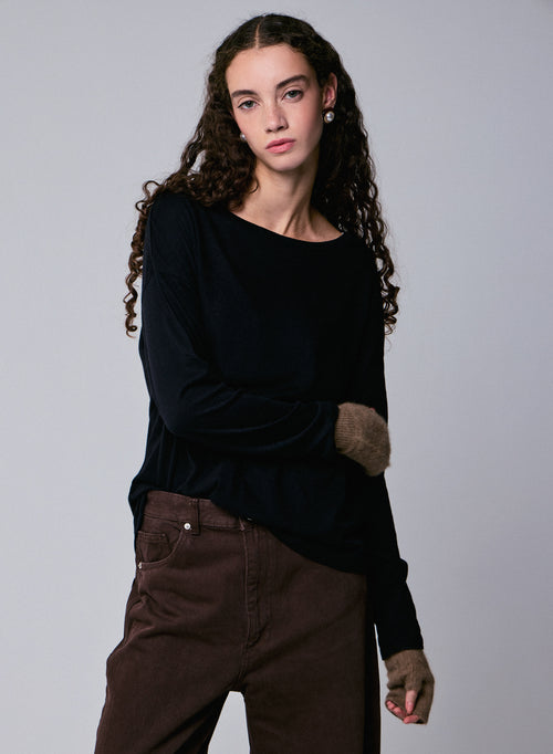 T-shirt Noir Col Bateau Manches Longues en Coton et Cachemire - MAJESTIC FILATURES