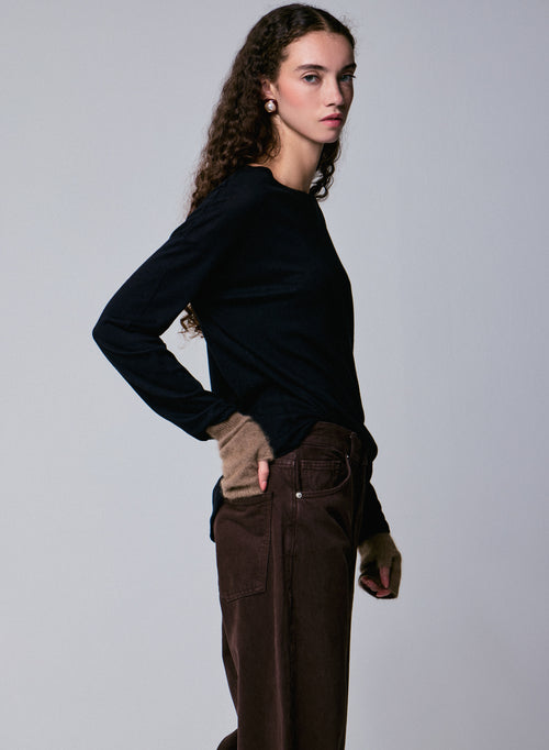 Schwarzes Langarm-T-Shirt mit U-Boot-Ausschnitt aus Baumwolle / Kaschmir - MAJESTIC FILATURES