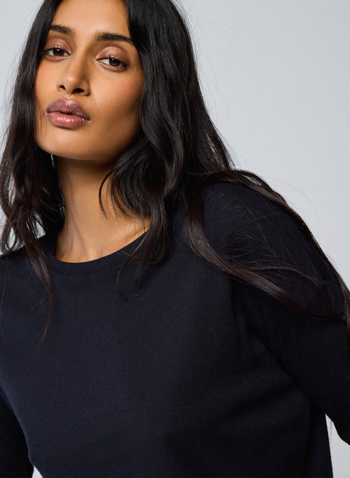 T-shirt Marine Col Bateau Manches Longues en Coton et Cachemire - MAJESTIC FILATURES