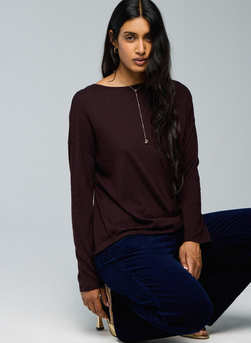 T-shirt Aubergine Col Bateau Manches Longues en Coton et Cachemire - MAJESTIC FILATURES