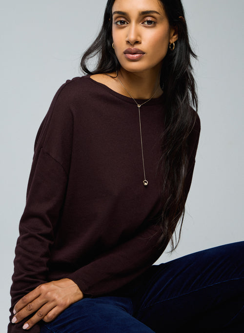 Purple Boat Neck Long Sleeves T-Shirt in Cotton and Cashmere - MAJESTIC FILATURES