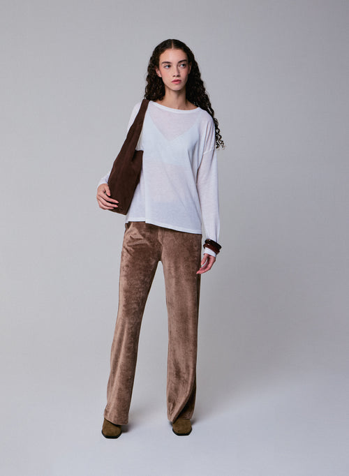 T-shirt Blanc Col Bateau Manches Longues en Coton et Cachemire - MAJESTIC FILATURES