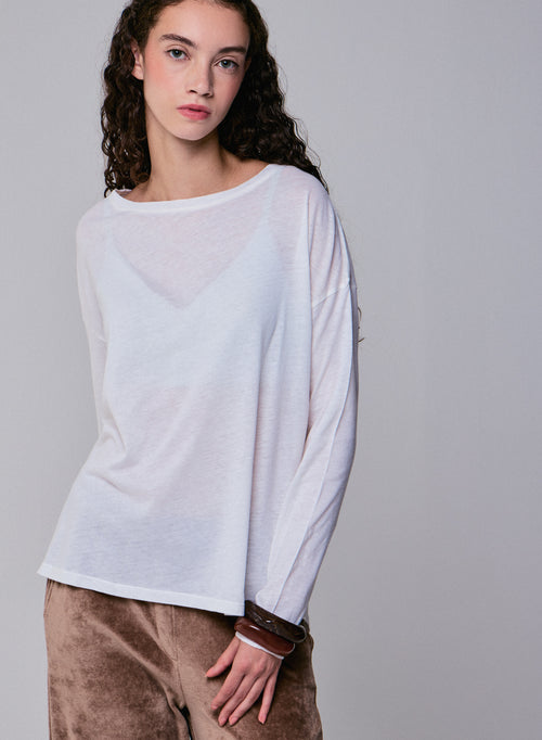 T-shirt Blanc Col Bateau Manches Longues en Coton et Cachemire - MAJESTIC FILATURES