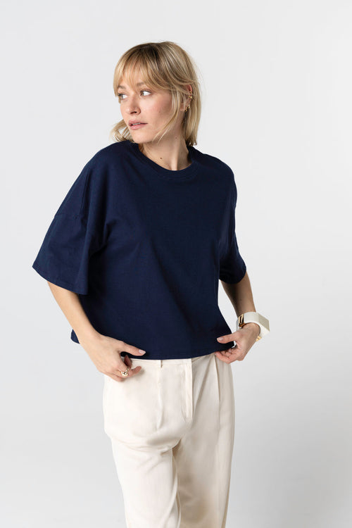 Camiseta azul marino de cuello redondo y manga corta de algodón orgánico - MAJESTIC FILATURES