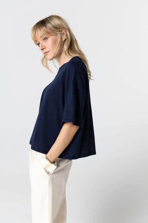 Camiseta azul marino de cuello redondo y manga corta de algodón orgánico - MAJESTIC FILATURES