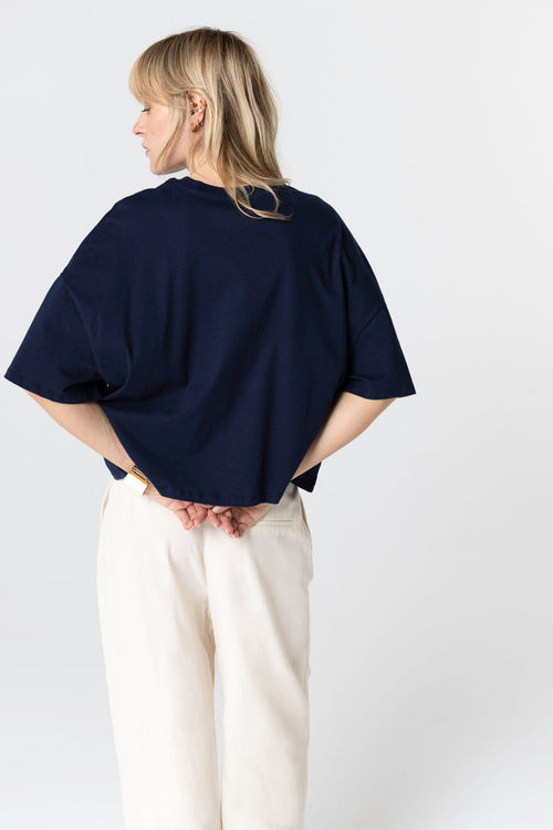 Camiseta azul marino de cuello redondo y manga corta de algodón orgánico - MAJESTIC FILATURES