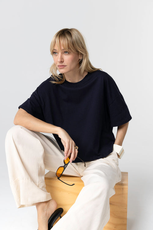 T-shirt Marine Col Rond Manches Courtes en Coton Organique - MAJESTIC FILATURES