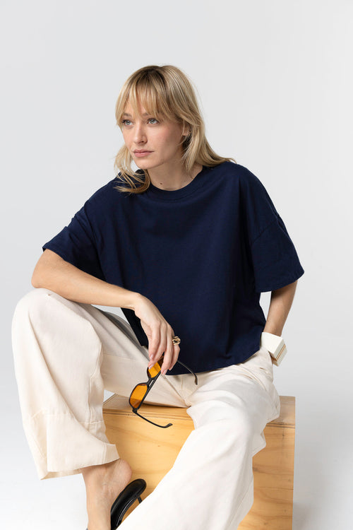 Camiseta azul marino de cuello redondo y manga corta de algodón orgánico - MAJESTIC FILATURES